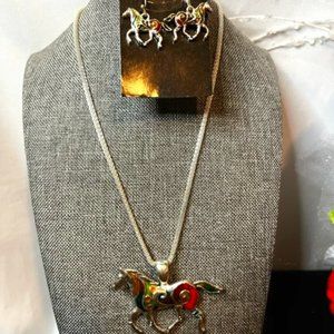 Whimsical Horse Pendant on a Silver Chain with Matching Earrings.